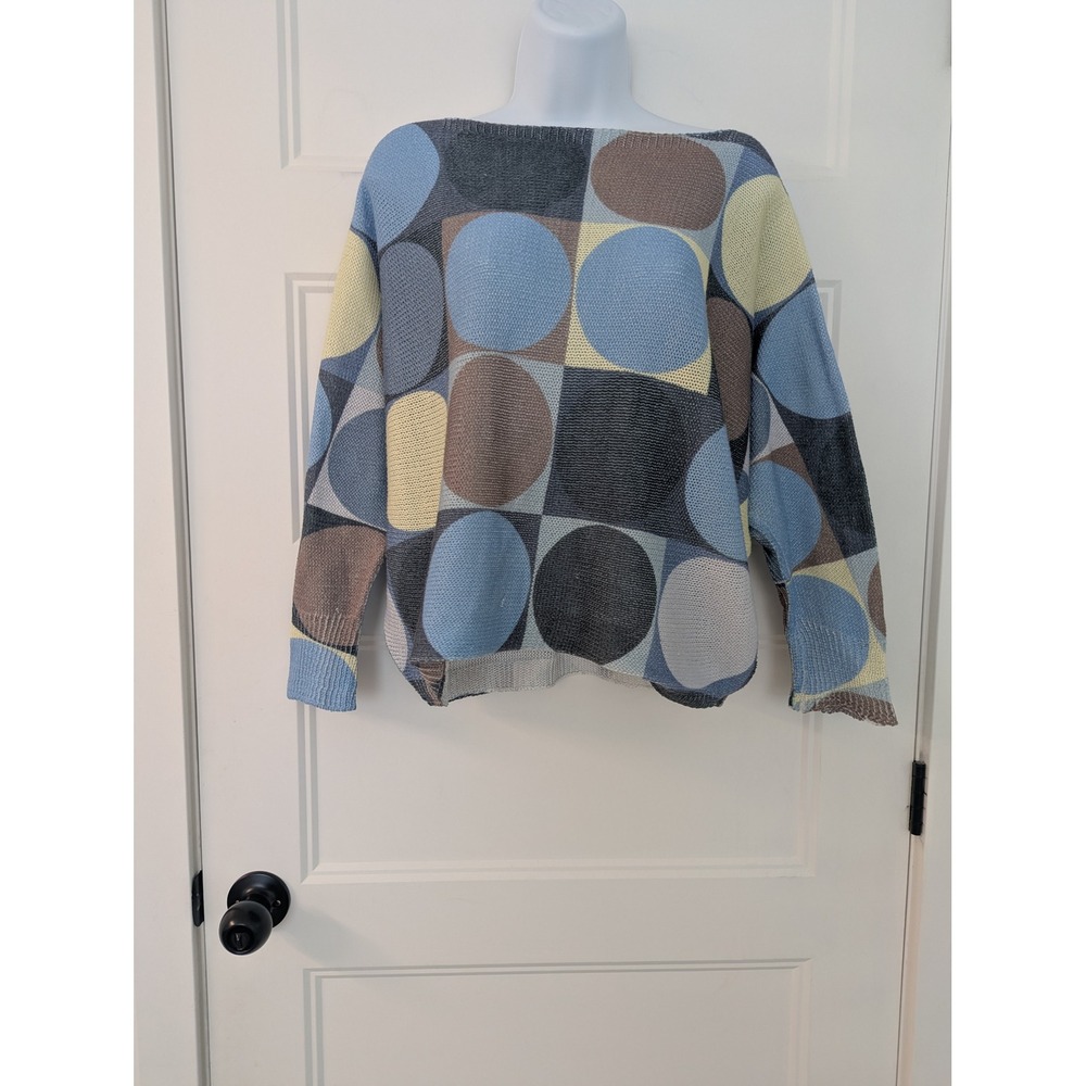 Via Vitale Italy Vintage Geometric Circle Knit Sweater Blue Grey S/M